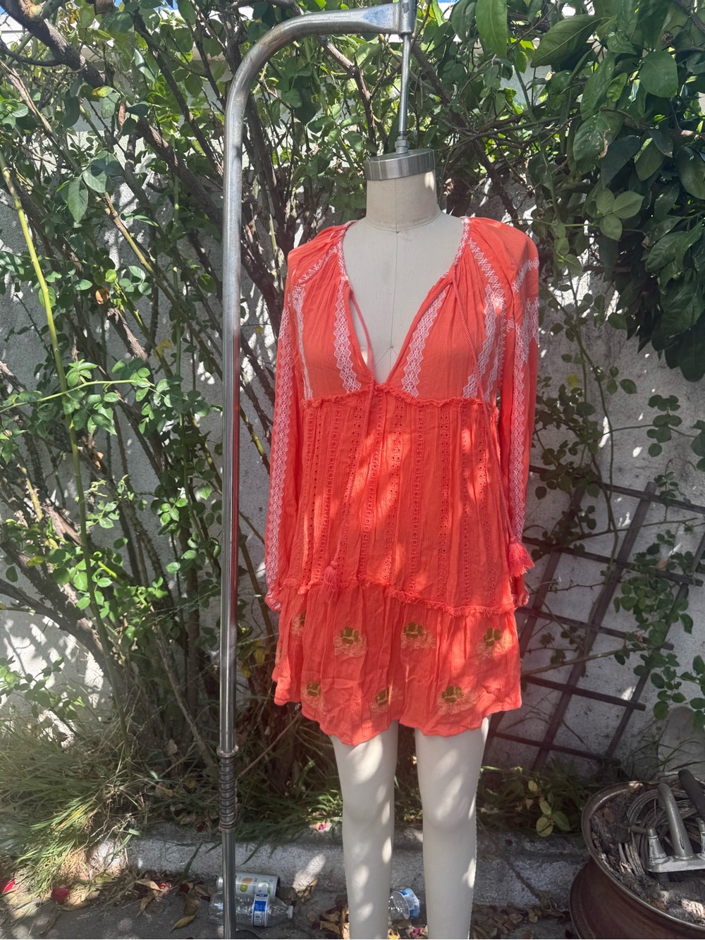 Free People Coral-Orange Embroidered V-Neck Swim Coverup Tunic